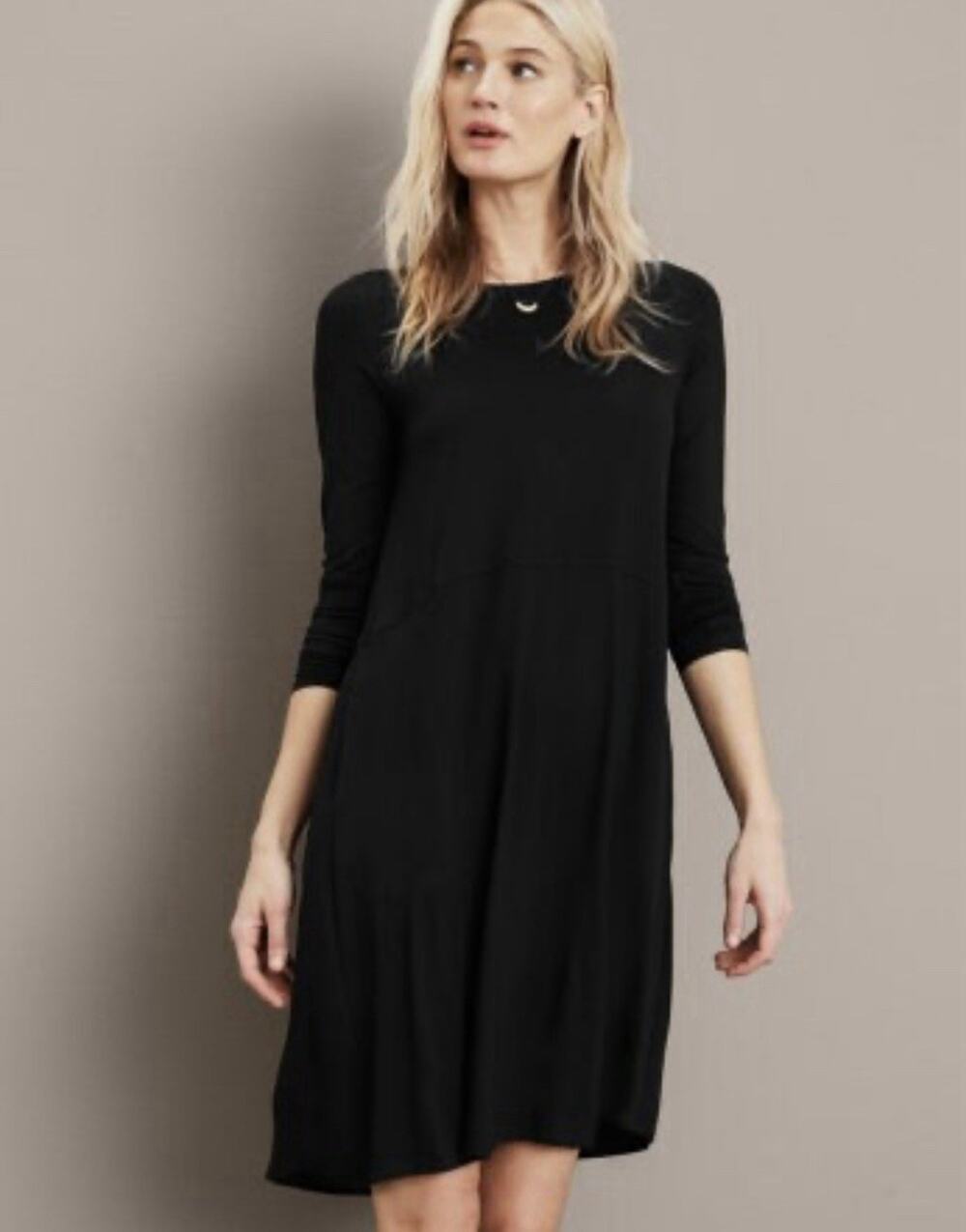Eileen Fisher Viscose Jersey Flare Shift Dress Womens S Petite Black Long Sleeve
